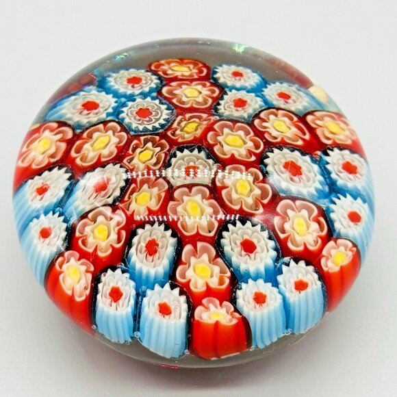 Unmarked Other - Millefiori Thousand Flowers Glass Paperweight 2 inch Red Blue Floral